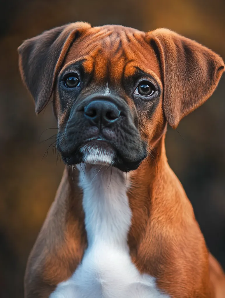 Here's a description of the image:

Close-up portrait of a fawn-colored Boxer puppy. Its fur is a rich, reddish-brown, with a distinctive white marking on its chest. The puppy's large, expressive brown eyes gaze directly at the camera, conveying a sense of alertness and curiosity. Its short muzzle and slightly droopy jowls are characteristic of the breed. The background is blurred, a dark, out-of-focus natural setting, which makes the puppy stand out prominently. The overall impression is one of warmth and affection.