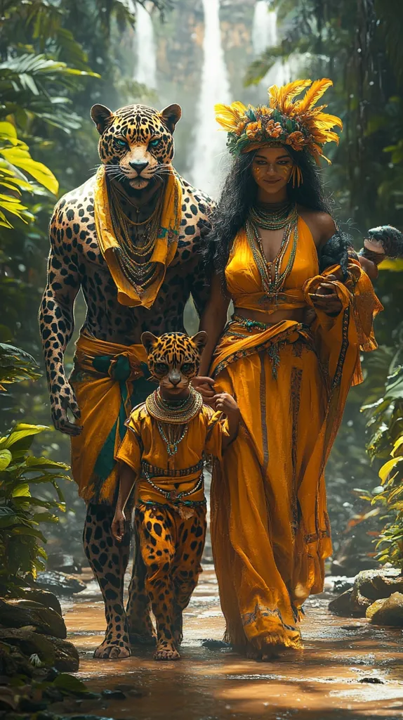 Here's a description of the image:

A family, seemingly of mythical origin, walks through a lush jungle. The father is depicted as a jaguar-human hybrid, powerfully built and adorned with gold jewelry. His wife, a beautiful woman with dark hair, wears a vibrant yellow gown and elaborate headpiece. Their child, also a jaguar-human hybrid, is dressed in a similar, smaller version of their father's attire.  They are all richly decorated with gold necklaces and ornaments, adding to their mystical and regal appearance. A waterfall is visible in the background, emphasizing the jungle setting. The overall scene is fantastical and visually captivating.