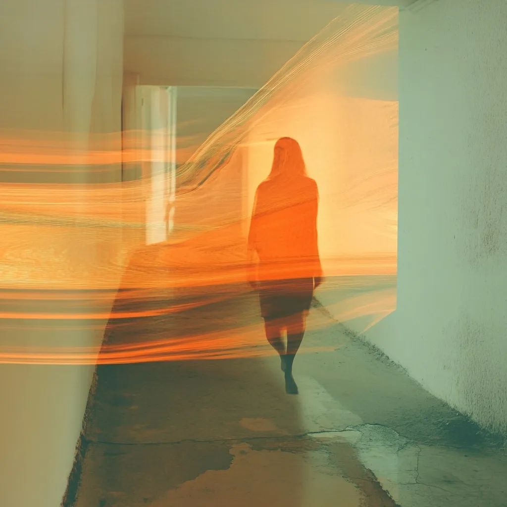 Here's a description of the image:

The image is an abstract representation of a woman walking down a hallway. She is depicted as a semi-transparent, orange-hued silhouette, almost ghostlike, blending with an ethereal, flowing fabric or light that fills the corridor with warm, sunset-like colors. The hallway itself is muted in tones of green and beige, creating a contrast with the vibrant orange figure. The overall effect is dreamlike and surreal, suggesting a journey or transition. The floor is a mottled dark gray and green.