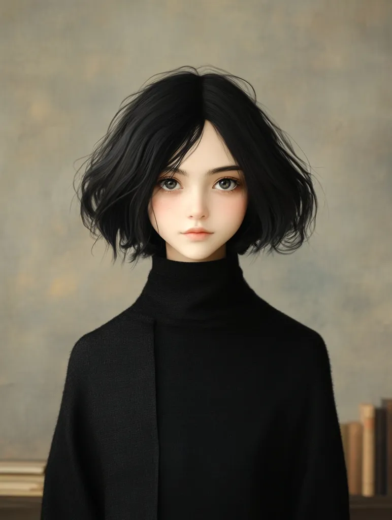 The image showcases a stylized portrait of a young woman.  She possesses a bob of dark, slightly wavy hair and large, expressive eyes. Her pale skin and delicate features contribute to a doll-like appearance.  She's dressed in a simple, black turtleneck sweater and a dark, open cardigan, creating a minimalist and elegant aesthetic. The muted background and soft lighting enhance the overall serene and somewhat melancholic mood.