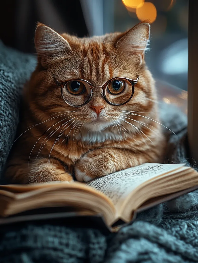 Here's a description of the image:

A ginger cat, wearing round glasses, rests on a soft teal blanket, paws gently placed on an open book. The cat's expression is serious and attentive, as if engrossed in its reading. The book appears aged, suggesting a classic or well-loved text. The warm lighting, possibly from a nearby window, creates a cozy and studious atmosphere. The overall image is whimsical and charming, depicting a cat enjoying the simple pleasure of reading.
