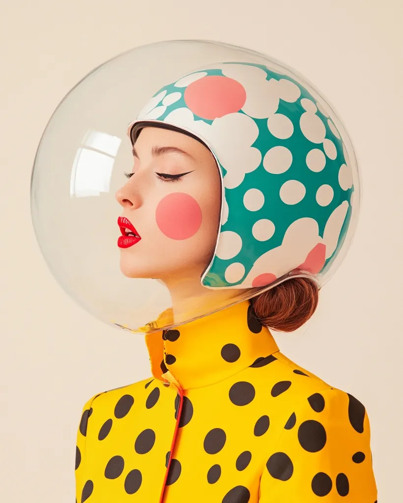 Here's a description of the image:

The image showcases a fashion model, her face partially obscured by a large, clear bubble helmet. The helmet is adorned with a vibrant teal and white patterned cap featuring large, stylized polka dots in pink and white. The model wears a bright yellow, high-collared coat also decorated with large black polka dots. Her makeup includes bold red lips and rosy pink circles on her cheeks, complementing the playful, retro aesthetic.  The overall style is whimsical and modern, evoking a sense of playful futurism.