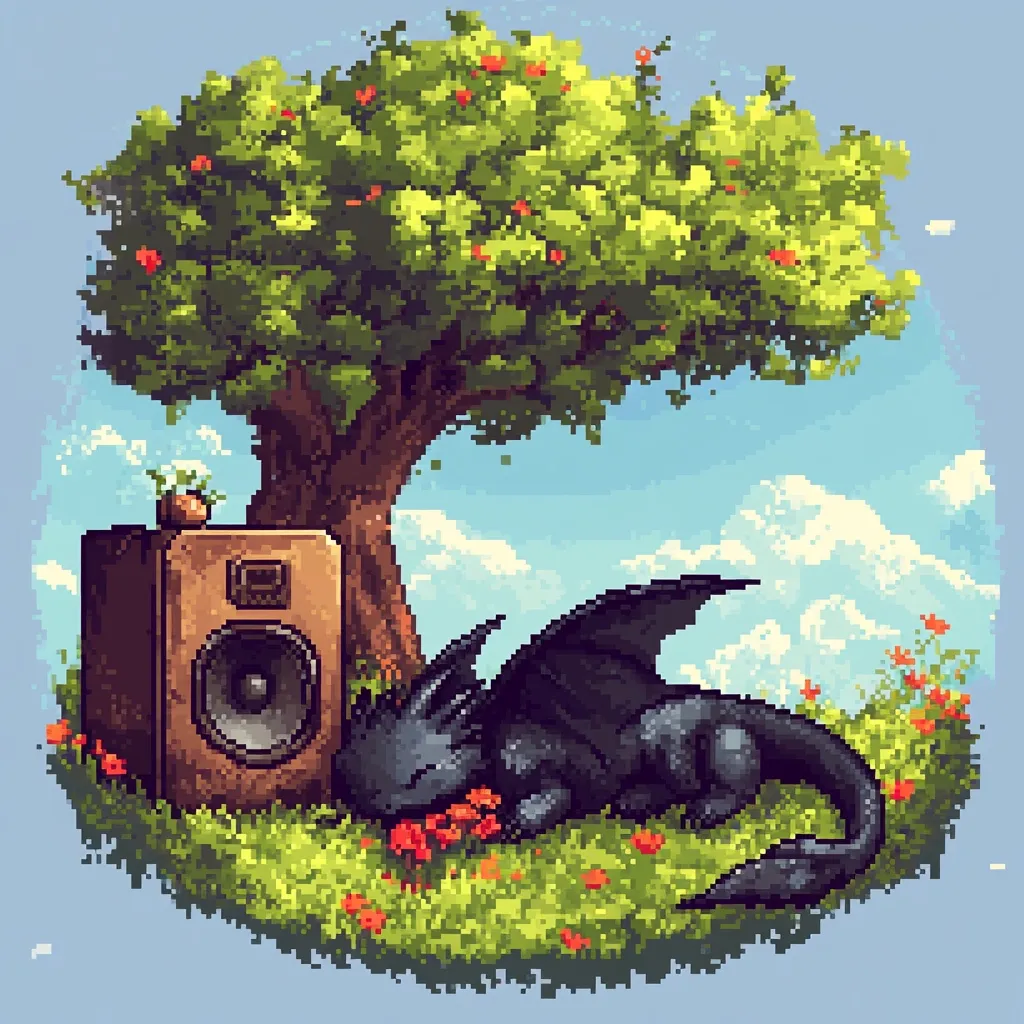 Here's a description of the image:

The pixel art depicts a peaceful scene: a small, black dragon naps in a grassy clearing under a lush, green tree laden with red fruit.  A vintage-style wooden speaker sits beside the sleeping dragon. Red flowers dot the grass. The background is a simple, idyllic sky with fluffy white clouds. The overall style is reminiscent of video game graphics, with a calming and whimsical tone.