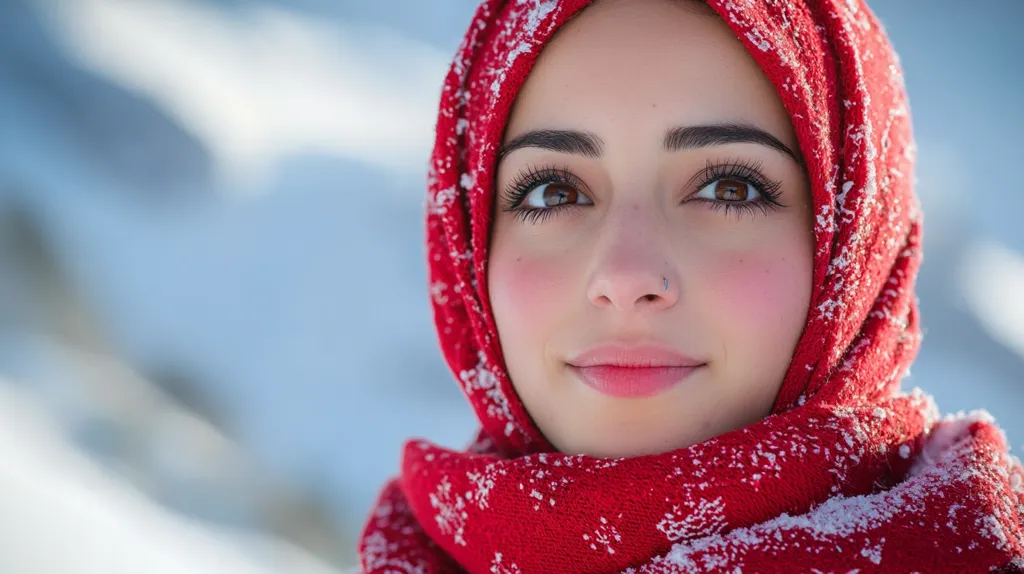 Close-up portrait of a young woman with rosy cheeks, wearing a red scarf speckled with snowflakes.  Her dark eyes are expressive, and she has a small nose piercing. The blurred background suggests a snowy outdoor setting. The overall mood is serene and wintery, highlighting the woman's beauty against the cold backdrop.  The image focuses on her face and the texture of the snow-dusted scarf.