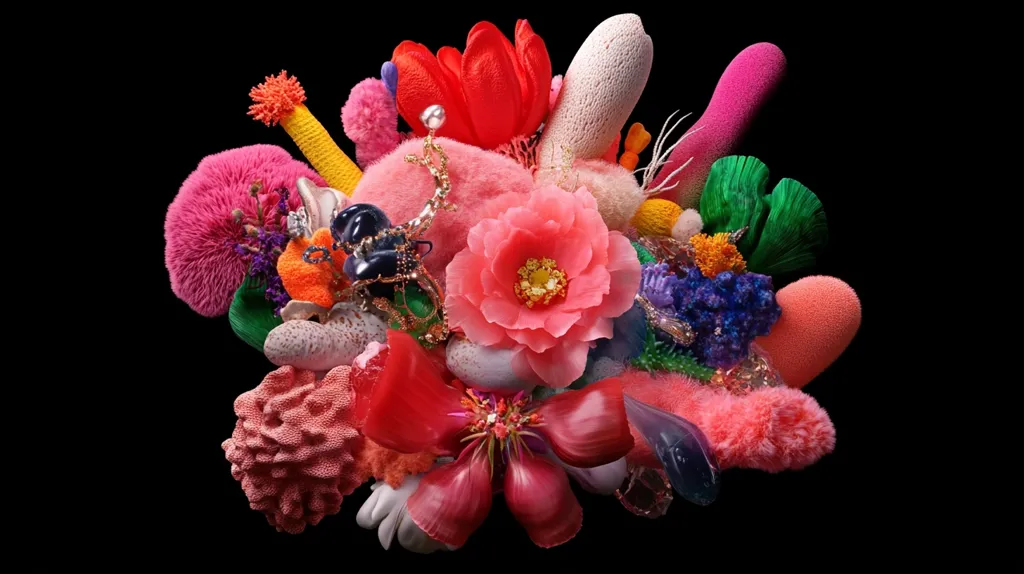 A vibrant, surreal cluster of objects explodes against a black background.  The composition features hyperrealistic and artificial elements, including sculpted coral in various pinks and reds, fluffy textured forms, jewel-toned accents, and meticulously crafted flowers.  A sense of playful chaos is created by the diverse textures and colors, creating a fantastical, almost biomorphic assemblage.  The overall effect is one of exuberant, artificial nature.