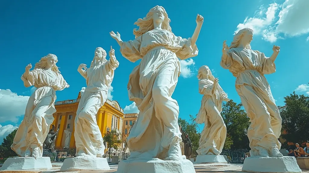 Here's a description of the image:

The photograph captures four large, white marble statues, seemingly female figures, dynamically posed in mid-movement.  Their flowing robes and expressive gestures suggest a sense of joyful dance or celebration. The sculptures are arranged in a semi-circle against a vivid blue sky dotted with fluffy white clouds. A yellow building is visible in the background, providing a contrasting color palette. The scene is bright and sunny, enhancing the vibrancy of the statues and the overall composition.  A few people are visible in the distance, providing a sense of scale.