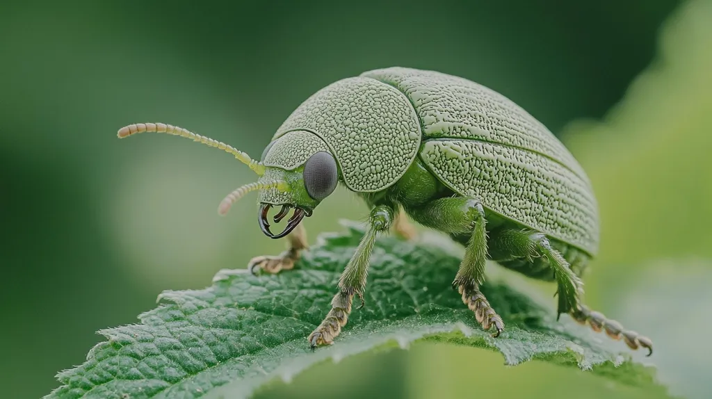 A vibrant green beetle, meticulously detailed, is captured in a close-up shot.  Its textured carapace and delicate legs are clearly visible as it perches on a similarly hued leaf. The background is a soft, out-of-focus green, drawing attention to the insect. The image showcases the beetle's remarkable camouflage and intricate body structure, highlighting the beauty of miniature life in nature.