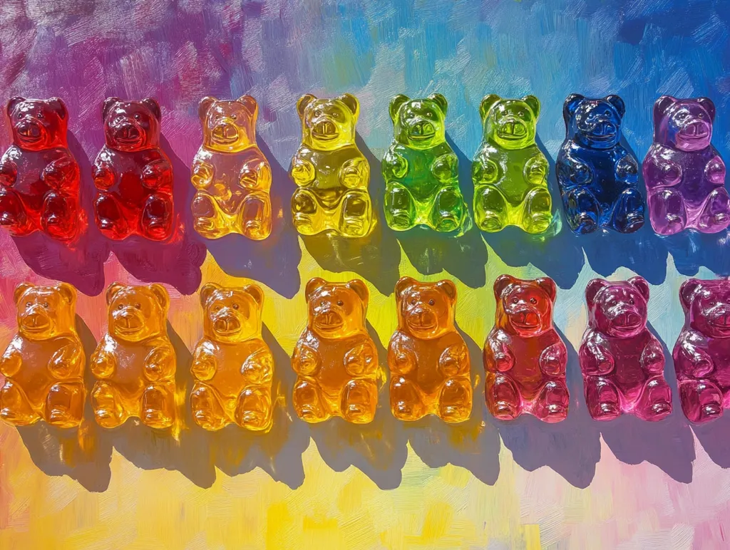 Here's a description of the image:

The image shows twenty gummy bears arranged in two rows of ten on a vibrant, textured background resembling an oil painting with rainbow hues.  Each gummy bear is a different shade of the rainbow spectrum, transitioning smoothly from red to purple. The bears are glossy and translucent, exhibiting a three-dimensional quality. The artistic background enhances the playful nature of the candy, creating a visually appealing juxtaposition between the sugary treat and painterly style. The shadows cast by the bears add depth and suggest sunlight illuminating the scene.