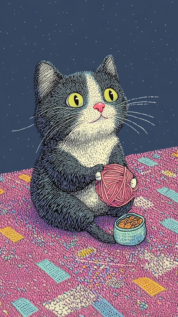Here's a description of the image:

A whimsical illustration depicts a tuxedo kitten, its large, expressive yellow eyes gazing upward.  It sits on a vibrant pink rug patterned with colorful shapes, cradling a ball of pink yarn. A small bowl of kibble sits beside it. The background is a deep blue night sky speckled with stars, creating a charming contrast with the kitten's colorful surroundings. The style is detailed and textured, with meticulous shading suggesting a soft, plush coat. The overall mood is peaceful and endearing.