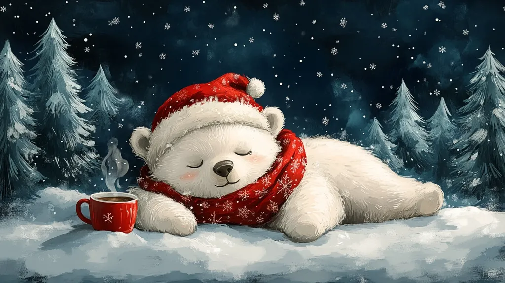 A charming illustration depicts a polar bear nestled in the snow, peacefully asleep.  It wears a festive red Santa hat and matching scarf adorned with snowflakes. A steaming red mug sits nearby, suggesting a warm drink. The background showcases a snowy nighttime scene with a dark blue sky and softly rendered evergreen trees, creating a cozy and heartwarming Christmas atmosphere. The overall style is whimsical and digitally painted.