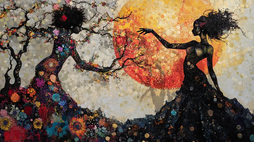 The artwork depicts two stylized Black women, one adorned in a floral gown, the other in a dark, flowing dress.  They are positioned on either side of a large, abstract sun, rendered in warm oranges and yellows.  One woman reaches towards the other, their hands nearly touching, across a stylized flowering tree, creating a sense of connection. The overall style is vibrant and textured, with a pointillist effect adding depth and visual richness to the figures and background. The piece evokes a feeling of balance, duality, and possibly feminine power.