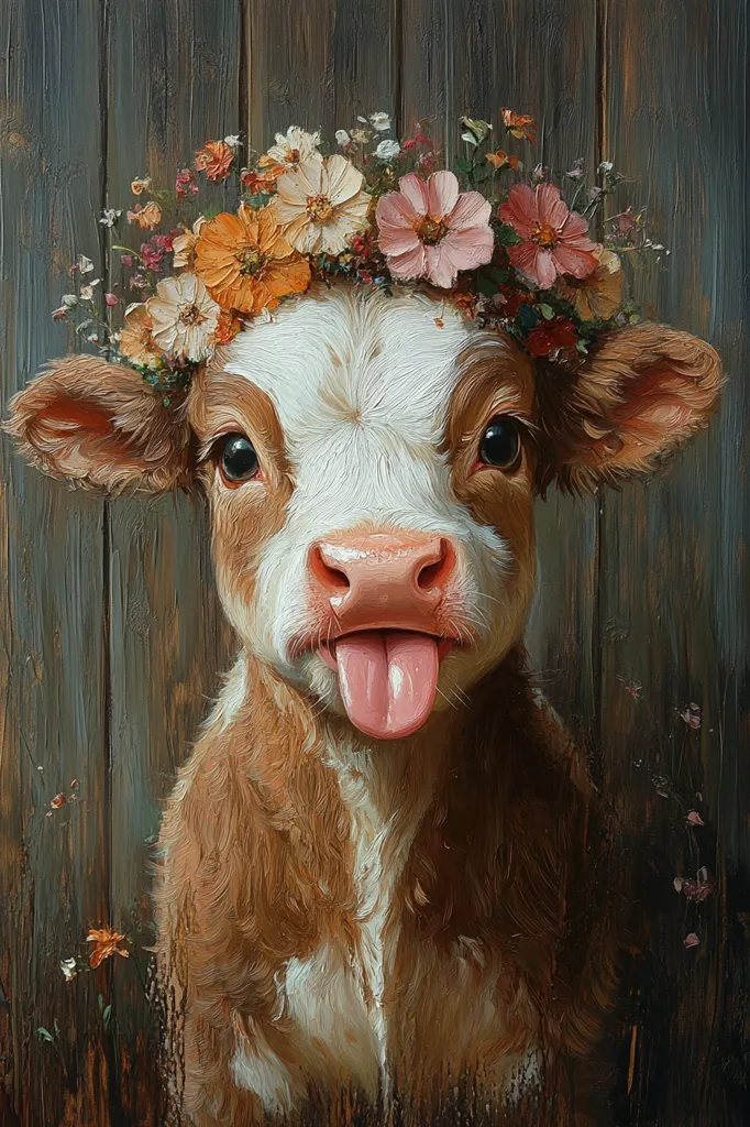 Here's a description of the image:

A charming painting depicts a calf, predominantly brown and white, positioned against a rustic wooden backdrop.  The calf playfully sticks its tongue out. A vibrant crown of wildflowers, featuring various shades of orange, pink, and yellow blossoms, adorns its head. The style is realistic, with visible brushstrokes adding texture, particularly in the calf's fur and the flower petals. The overall mood is lighthearted and whimsical. The background's dark wood provides a strong contrast to the calf's lighter colors and the bright flowers.