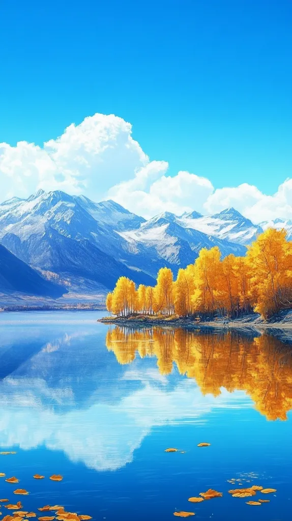 A serene landscape unfolds under a vibrant blue sky, punctuated by fluffy white clouds.  A calm lake reflects the snow-capped mountains in the distance and a cluster of golden autumn trees on its shore.  The trees' vibrant yellow leaves create a striking contrast against the cool blues of the water and mountains. Fallen leaves float gently on the lake's surface, enhancing the peaceful autumnal scene.  The image evokes a sense of tranquility and natural beauty.