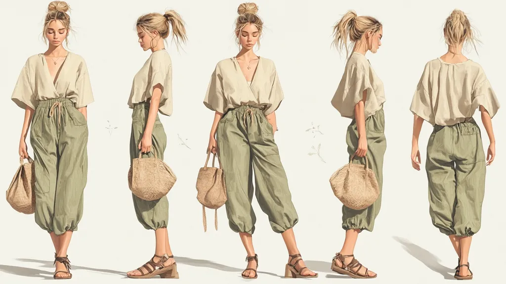 This illustration showcases a stylish young woman in five different poses.  She's wearing a light beige, loose-fitting, short-sleeved top and loose, light green cropped pants cinched at the waist. Her hair is styled in a bun or ponytail. Each pose shows her carrying a large, woven straw tote bag, and she's wearing brown leather sandals. The style is effortlessly chic and casual, with a minimalist, natural aesthetic. The background is a simple off-white, drawing focus to the model and her clothing.