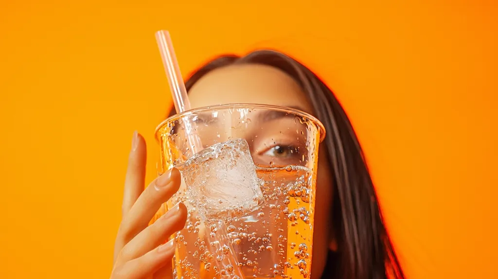Close-up view of a young woman's face partially obscured by a clear plastic cup filled with a bubbly, light-colored beverage.  A large ice cube floats in the drink, and a straw is inserted. The woman's dark hair frames her face, and her eyes are visible above the rim of the cup. The background is a vibrant, solid orange.  The overall image is bright and playful.