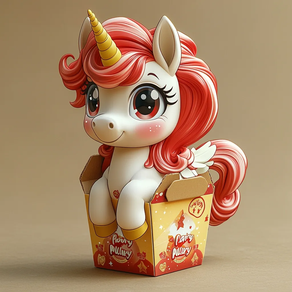 A charming 3D-rendered image depicts a cute, cartoonish unicorn nestled inside a small, yellow-and-orange box. The unicorn is predominantly white with vibrant, curly red hair and a golden horn.  Its large, expressive eyes and rosy cheeks enhance its adorable appearance.  The box features a whimsical design with the repeated words "Fairy Pullary" and star motifs. The overall aesthetic is playful and sweet.