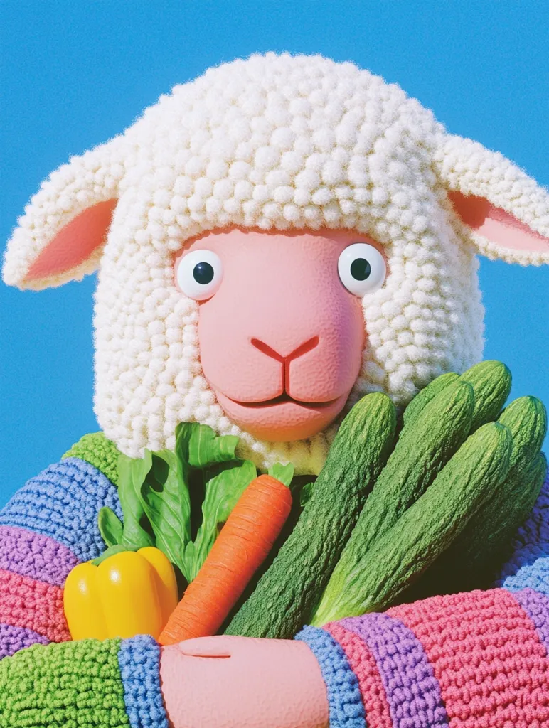 A fluffy, white crocheted sheep, with large pink eyes and nose, hugs a colorful array of fresh vegetables.  The sheep wears a striped, pastel-colored knitted sweater.  The vegetables include a bunch of cucumbers, a carrot, a bell pepper, and leafy greens, held close to the sheep's body. The backdrop is a clear, bright blue sky. The overall style is whimsical and cartoonish.