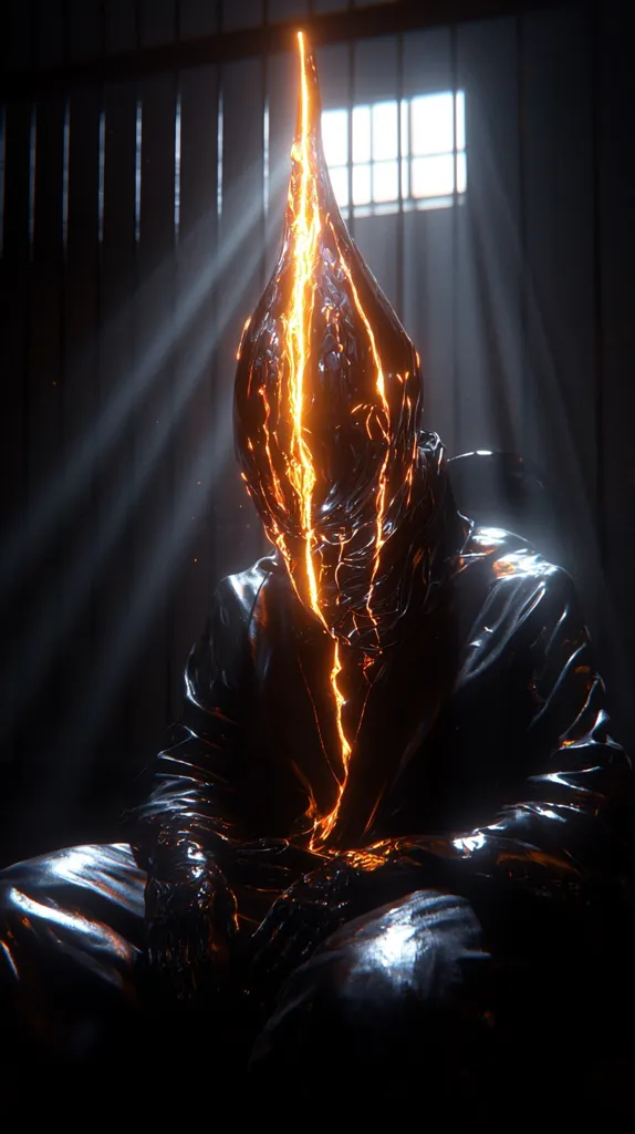 The image depicts a dark, imposing figure seated in what appears to be a jail cell.  The figure is cloaked in a dark, almost liquid-like material, with a head resembling a molten, obsidian casque.  A vibrant orange-yellow energy, resembling lava or fire, flows vertically through the center of the figure, creating a stark contrast against the dark surroundings.  Light streams from a window behind, illuminating dust motes in the air, emphasizing the figure's otherworldly nature and adding to the dramatic mood.
