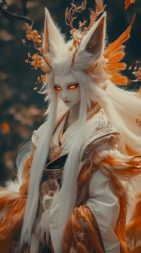 Here's a description of the image:

The image showcases a striking figure, possibly a doll or statue, with features reminiscent of a fox spirit.  It possesses long, flowing white hair,  prominent fox ears adorned with golden antlers and orange blossoms, and intense golden eyes. The figure is dressed in an elegant, flowing robe, primarily white with intricate orange and gold embroidery and accents. The overall aesthetic blends fantasy elements with a hint of Asian-inspired attire, creating a mystical and ethereal ambiance. The background is blurred, suggesting a natural, possibly forested setting.