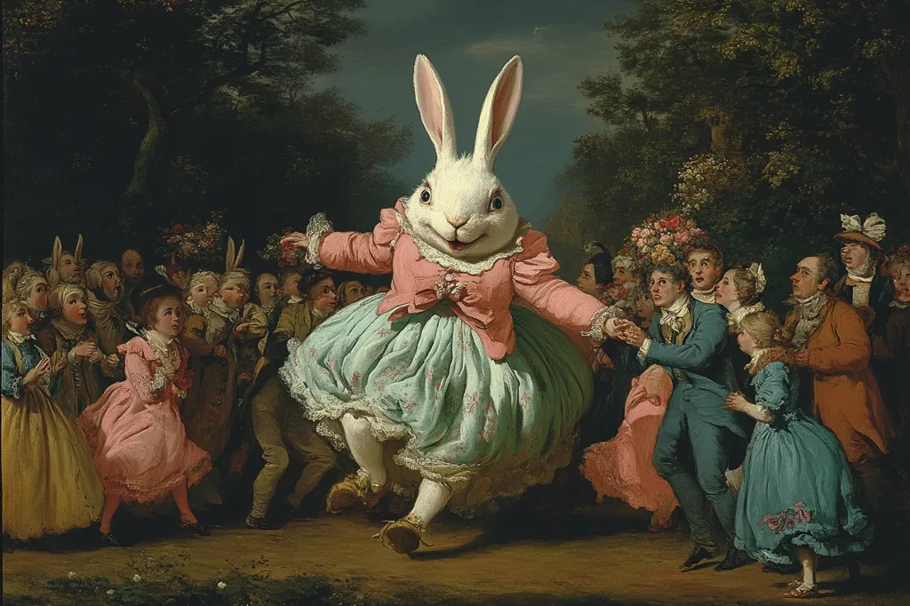 Here is a description of the image:

A whimsical painting depicts a large white rabbit, dressed in a pastel pink and teal dress, joyfully dancing in a group of children and adults. The rabbit's head is superimposed on a human body, creating a surreal effect. The onlookers, dressed in 18th-century style clothing, display varied reactions: some appear amused, others startled.  The scene is set outdoors in a park-like setting, with lush trees in the background, creating a lively, almost chaotic, yet charming atmosphere. The overall style suggests a playful manipulation of a classical painting style.