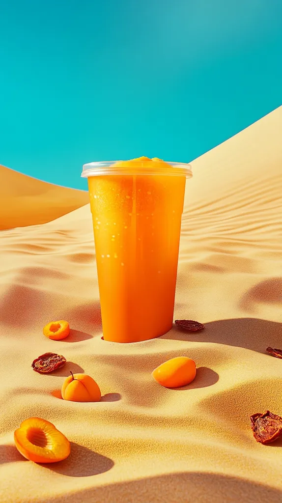 Here's a description of the image:

A large, clear plastic cup filled with a vibrant orange smoothie sits nestled in the golden sand of a desert dune.  The bright turquoise sky forms a stark contrast to the warm tones below.  Several halved apricots and dried apricot pieces are scattered around the base of the cup, emphasizing the fruit-based nature of the drink. The scene is brightly lit, suggesting a sunny day, and the overall feel is one of refreshing coolness in a hot, arid environment.