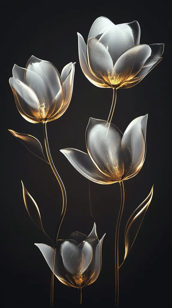 The image showcases four translucent, tulip-like flowers against a stark black background.  The flowers appear to be crafted from glass or a similar material, with a delicate, almost ethereal quality.  Golden highlights within the petals create a subtle, luminous effect, enhancing their fragility.  The stems and leaves are similarly rendered, creating a unified, elegant composition. The overall aesthetic is one of refined luxury and minimalist beauty.