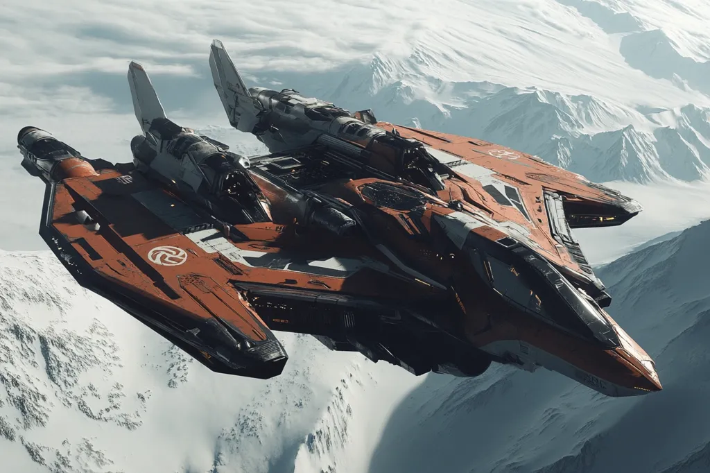 A futuristic, orange and white spaceship soars above a snow-capped mountain range. The vessel is intricately designed with visible engines and structural details.  Its sleek, angular form suggests speed and agility. The contrast between the vibrant spacecraft and the cold, white landscape creates a dramatic visual. The image evokes a sense of adventure and exploration in a science fiction setting.