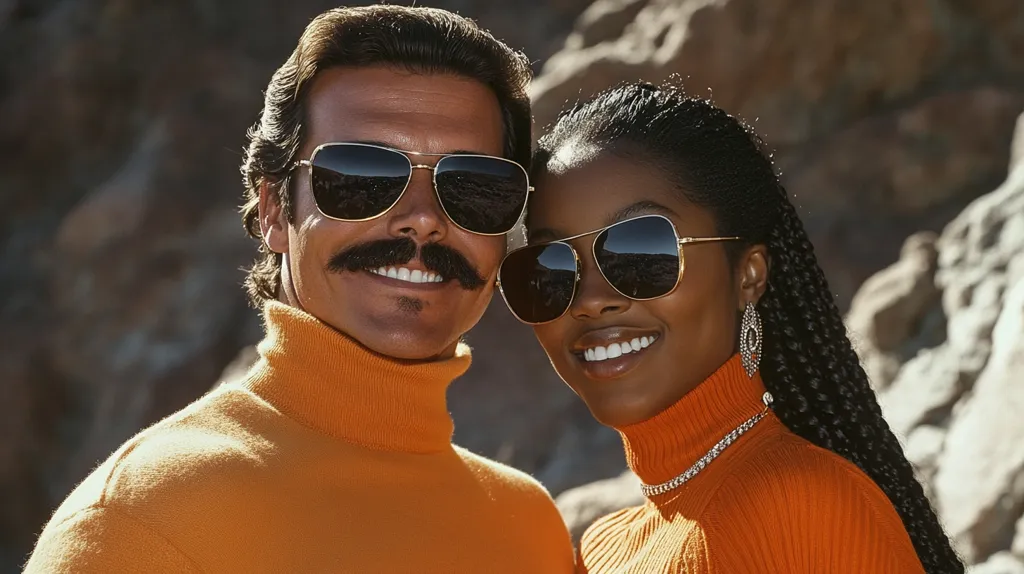Here's a description of the image:

Close-up shot of a stylish interracial couple, possibly in a 1970s setting.  The man, with dark hair styled back, a mustache, and aviator sunglasses, wears a burnt orange turtleneck sweater.  The woman, with long black braids and similarly styled aviator sunglasses, also sports a burnt orange turtleneck and delicate jewelry. They are positioned closely together, creating an intimate and fashionable portrayal.  The backdrop is a blurred, rocky landscape, suggesting an outdoor setting. The overall mood is one of warmth, style, and connection.