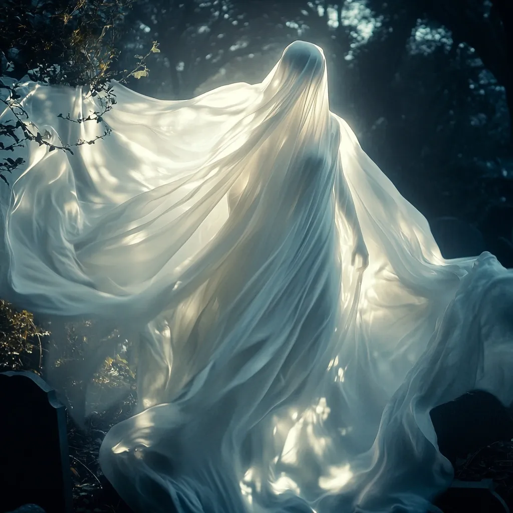 A figure, completely shrouded in a flowing, diaphanous white fabric, stands in a dimly lit forest. The sheer material billows dramatically, almost like a ghost or spirit. The fabric obscures the figure's features, creating a sense of mystery and ethereal beauty. The background suggests a graveyard or woodland setting, enhancing the haunting atmosphere. Sunlight filters through the trees, highlighting the ethereal quality of the scene. The overall mood is one of mystery and delicate otherworldliness.