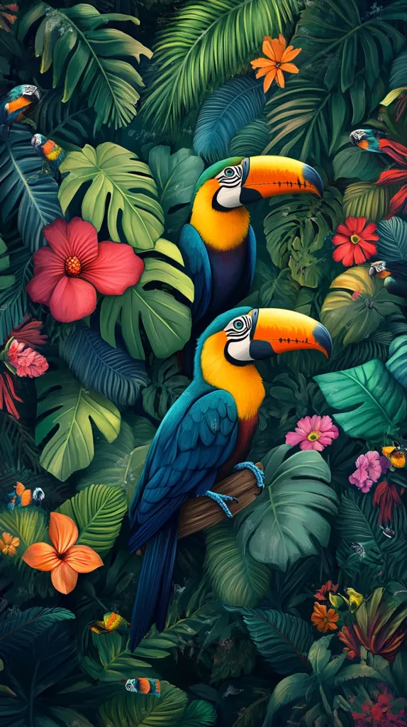 A vibrant illustration showcases two toucans perched amidst lush tropical foliage.  Their iridescent blue and yellow plumage contrasts beautifully with the deep greens of monstera leaves, palm fronds, and hibiscus blossoms.  Smaller, brightly colored birds and flowers add to the dense, jungle-like scene. The overall style is rich and detailed, evoking a sense of vibrant life and tropical abundance.