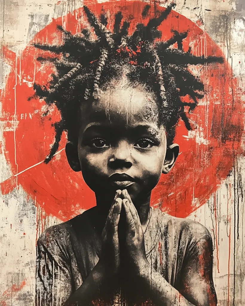 Here is a description of the image:

The artwork is a striking portrait of a young Black child with intricately braided hair. Their hands are clasped together in prayer, their expression serene yet pensive.  The child is depicted against a bold, abstract background dominated by a large, textured red circle, which provides a powerful contrast to the grayscale tones of the figure.  The style suggests a blend of realism and street art, with visible brushstrokes and splatters adding to the piece's emotional depth and raw energy. The overall impression is one of hope, faith, and resilience.