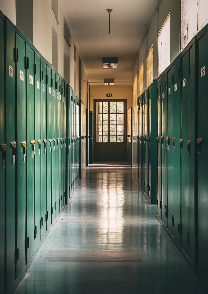 Here's a description of the image:

The photograph shows a long, dimly lit hallway lined with rows of dark green metal lockers on either side. The lockers extend the length of the hallway, creating a sense of depth and perspective.  A door with a window at the far end of the hallway allows some natural light to filter in, reflecting off the polished floor. The overall mood is quiet and somewhat austere, suggesting a school corridor or institutional setting. The image is sharply focused, with a muted color palette emphasizing the hallway's linear geometry.