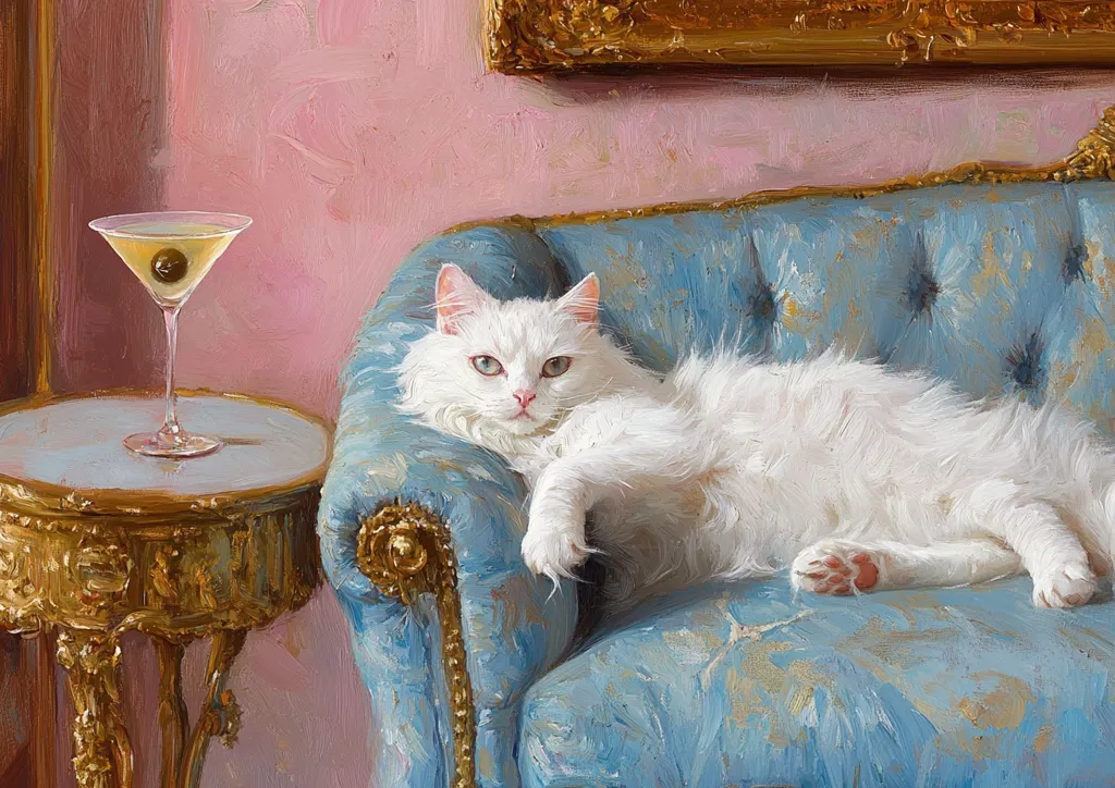 A painting depicts a long-haired white cat lounging on a plush, blue upholstered chaise lounge. The cat is relaxed, a paw resting on the cushion.  A martini glass with an olive sits on a gilded side table nearby. The background features a pink wall and a gold-framed picture. The overall style is reminiscent of classical portraiture, with a focus on realistic detail and rich color. The scene exudes an air of sophisticated elegance and quiet luxury.