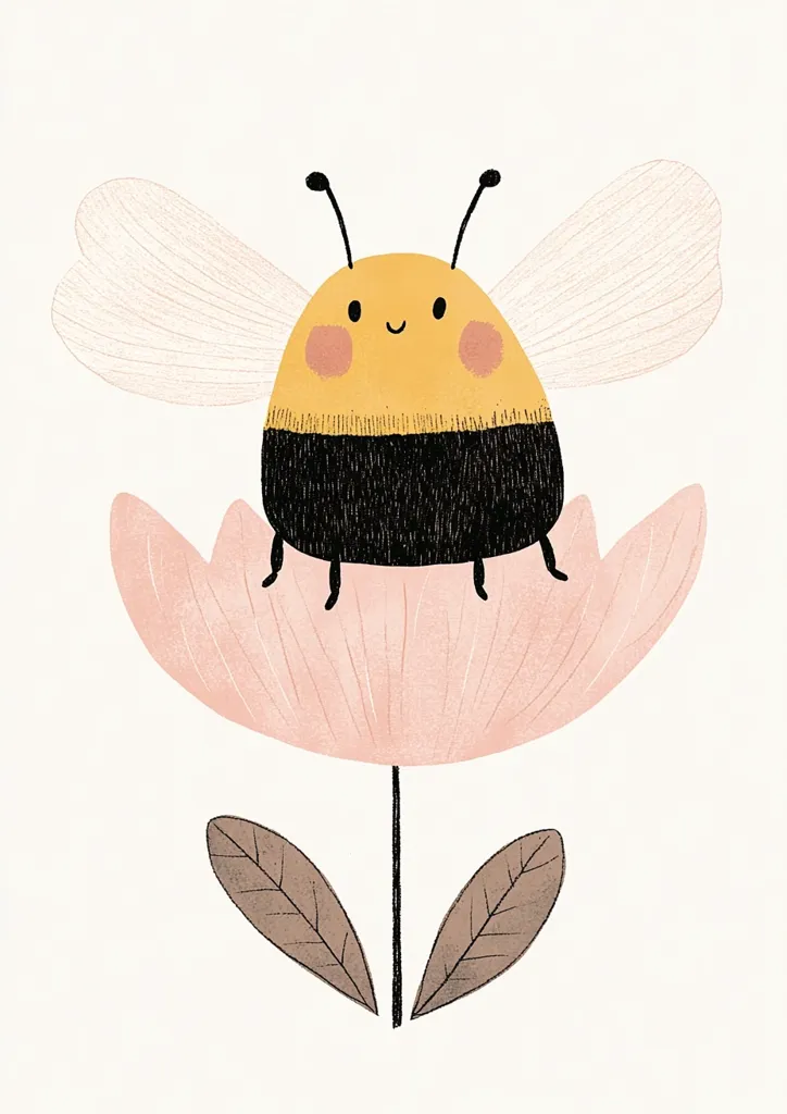 A charming illustration features a cartoon bumblebee perched atop a pale pink flower.  The bee has a round, cheerful face with rosy cheeks and sits comfortably on the flower's large, petal-like head.  Its wings are delicate and heart-shaped.  The flower has two simple brown leaves at its base, completing a simplistic yet endearing design. The overall style is soft and childlike, evoking feelings of springtime and nature.