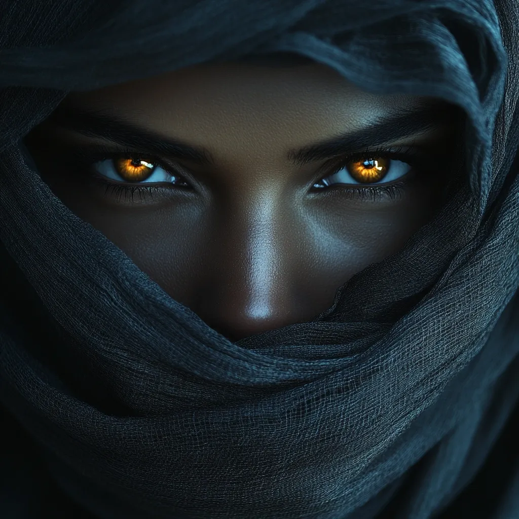 Close-up view of a woman's face partially obscured by a dark, textured veil. Only her eyes, intense and with striking golden highlights, are fully visible.  Her skin tone is dark, and the overall mood is mysterious and somewhat dramatic. The image focuses on the contrast between the veiled face and the glowing intensity of her gaze, creating a sense of intrigue and hidden power.