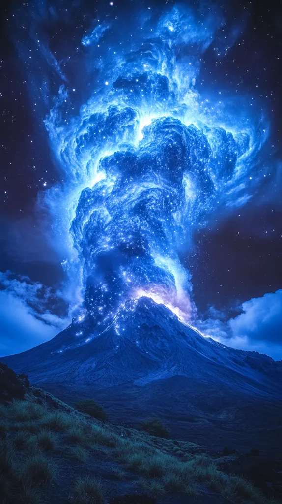 Here is a description of the image:

The image depicts a breathtaking nighttime scene of a volcano erupting.  A massive plume of blue-tinged ash and smoke, speckled with brilliant points of light resembling stars, billows upward against a dark, starlit sky.  The volcano itself is dark and imposing, its slopes silhouetted against the luminous eruption.  The base of the volcano is partially visible, showing low-lying vegetation. The overall color palette is predominantly cool blues and deep purples, creating a dramatic and otherworldly atmosphere. The scene evokes a sense of awe and wonder, suggesting a powerful and magical event.