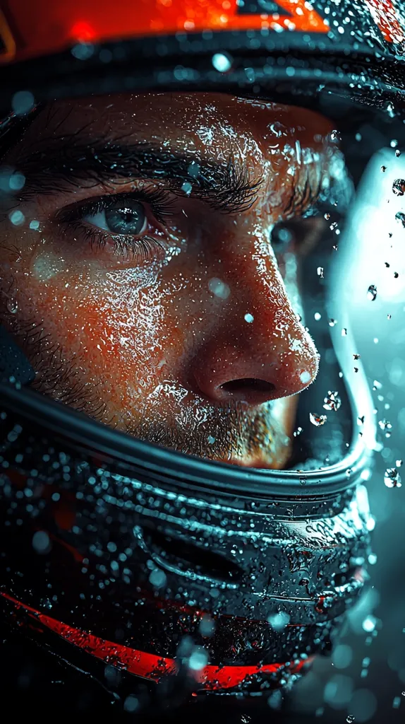 Here's a description of the image:

Close-up view of a man's face, partially obscured by a dark, sleek helmet with red accents.  Water droplets cling to both his sweat-drenched skin and the helmet's surface, creating a dramatic, high-contrast image. His intense gaze is directed off-camera, suggesting focus and determination. The overall feel is one of action, intensity, and a potentially competitive or high-stakes situation, perhaps motorsport or some other physically demanding activity. The lighting enhances the texture of the skin and the water, adding depth and visual interest.