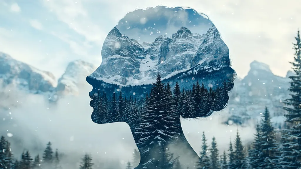 Here is a description of the image:

The image is a double exposure photograph featuring a woman's profile superimposed over a snowy mountain landscape.  Her dark hair blends seamlessly with the dark evergreen trees in the foreground. The imposing snow-covered mountains form the backdrop, creating a serene and ethereal feel.  Snowflakes appear to be gently falling, enhancing the winter scene. The overall effect is a visually striking representation of inner peace or the connection between the human spirit and nature.