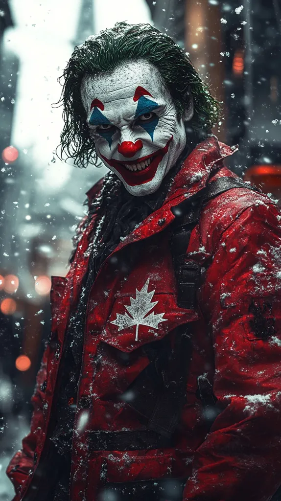Here's a description of the image:

The image showcases a striking portrayal of the Joker, his face painted with a sinister grin and iconic clown makeup. His wild green hair is partially covered in snow. He's clad in a vibrant red parka, adorned with a white Canadian maple leaf, suggesting a cold, possibly urban environment.  Snowflakes gently fall around him, adding to the dark, atmospheric setting. The overall mood is menacing yet captivating, blending the character's chaotic nature with a snowy urban backdrop. The Joker's intense gaze directly engages the viewer.