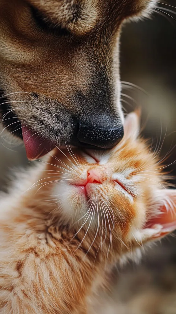 Here's a description of the image:

Close-up view of a dog gently nuzzling a small ginger kitten. The dog, appearing to be a medium-sized mixed breed with brown and tan fur, is leaning down. Its wet nose and tongue are touching the kitten's head. The kitten, with its eyes closed, seems relaxed and content. Its fur is a light orange with white markings.  The background is blurred, focusing attention on the affectionate interaction between the two animals. The overall mood is one of warmth and gentle companionship.