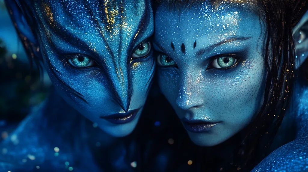 Here's a description of the image:

Close-up view of two individuals with striking blue skin and intricate facial markings reminiscent of Na'vi from the movie Avatar.  Their skin shimmers with a subtle glitter, and water droplets are visible, enhancing the ethereal quality.  They share intense eye contact, their large, bright blue eyes captivating.  The lighting is dramatic, focusing on their faces and emphasizing the texture of their skin and makeup. The overall effect is otherworldly and captivating.