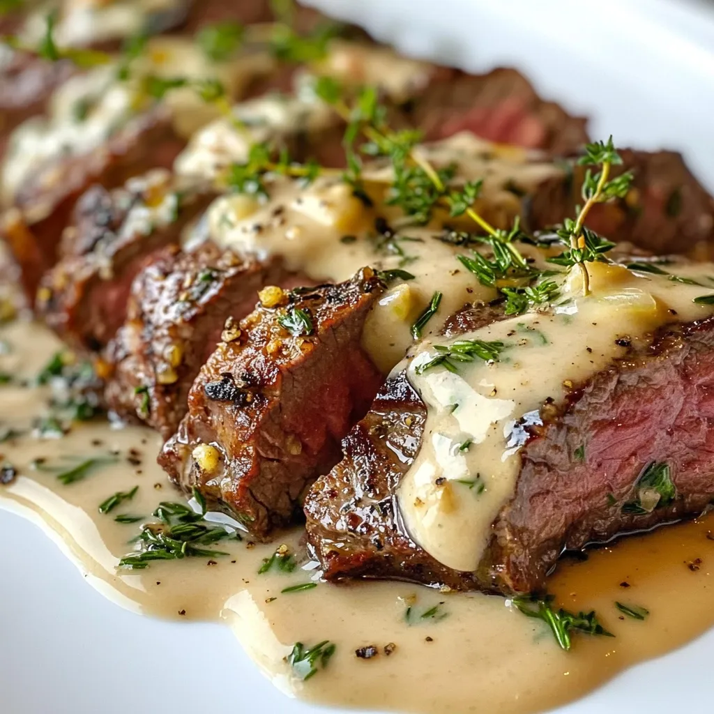 Here's a description of the image:

Close-up view of sliced grilled steak generously drizzled with a creamy, light brown sauce.  The sauce appears to contain herbs, possibly thyme, and possibly garlic or shallots, visible as small specks. The steak is seared to a rich brown exterior, with a visible pink interior indicating medium-rare doneness. The plating is simple and elegant, showcasing the rich texture and color of the food.  The overall impression is one of gourmet quality and appetizing presentation.