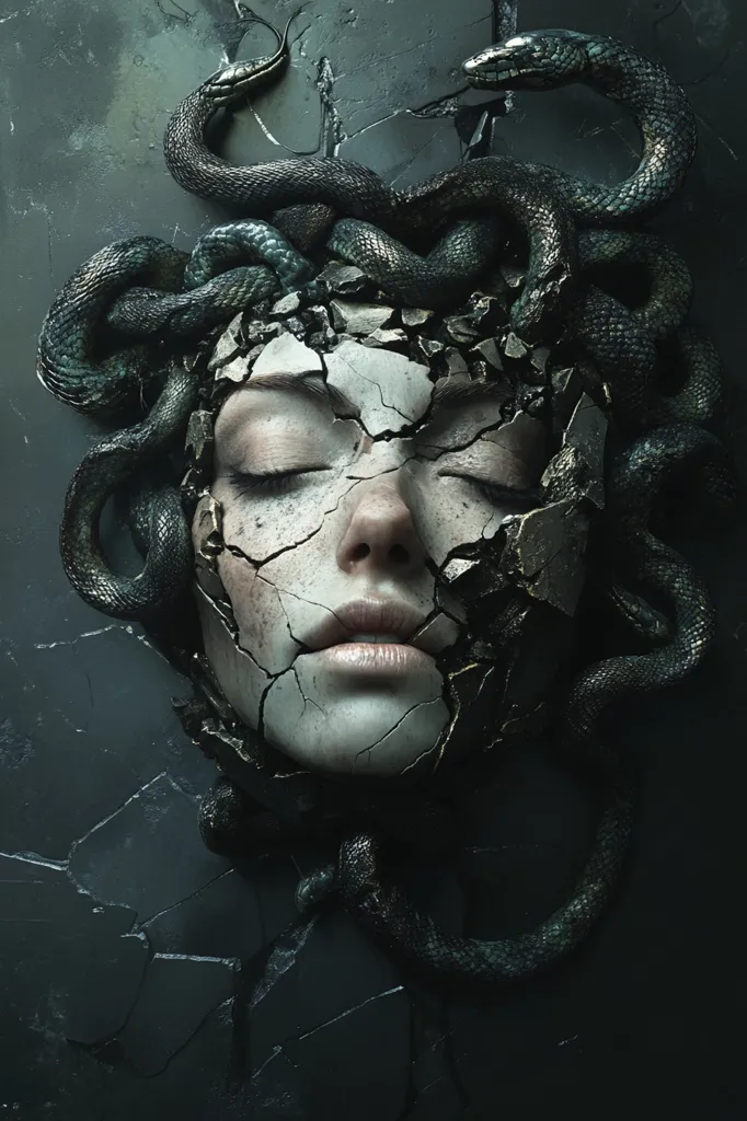 A digital artwork depicts a woman's face, seemingly made of cracked stone or clay, with numerous snakes intertwined around her head.  The snakes are dark, almost black, contrasting with the pale, cracked surface of the face.  Her eyes are closed, and her expression is serene despite the unsettling imagery. The background is a dark, textured surface, adding to the overall ominous and mysterious atmosphere. The style is dark fantasy or surrealism, evoking themes of decay, transformation, or the mythological Medusa.