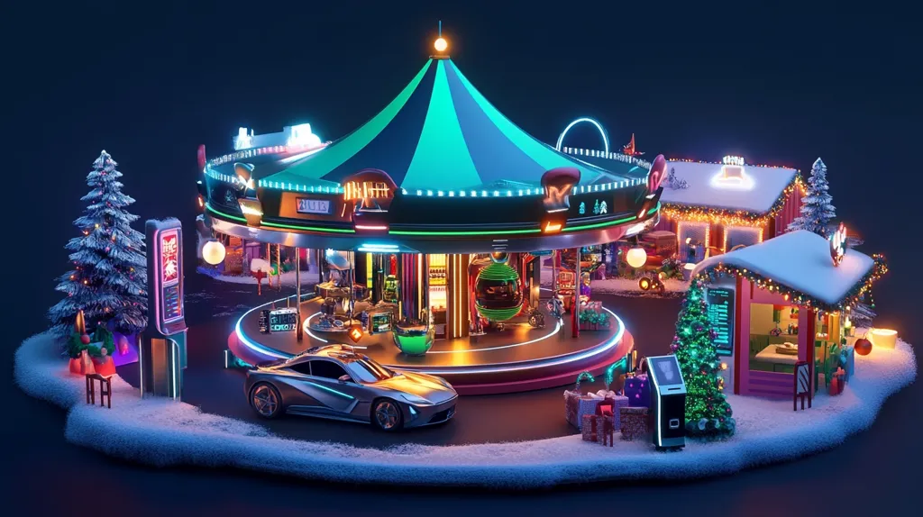 A futuristic Christmas scene is depicted, centered around a vibrant, neon-lit carousel.  Snow-dusted festive houses and Christmas trees surround the carousel, creating a whimsical contrast between traditional holiday imagery and a cyberpunk aesthetic.  A sleek, silver sports car sits near the carousel, adding to the modern feel.  The overall mood is bright, cheerful, and slightly surreal.  Neon lights illuminate the scene, enhancing the futuristic atmosphere.