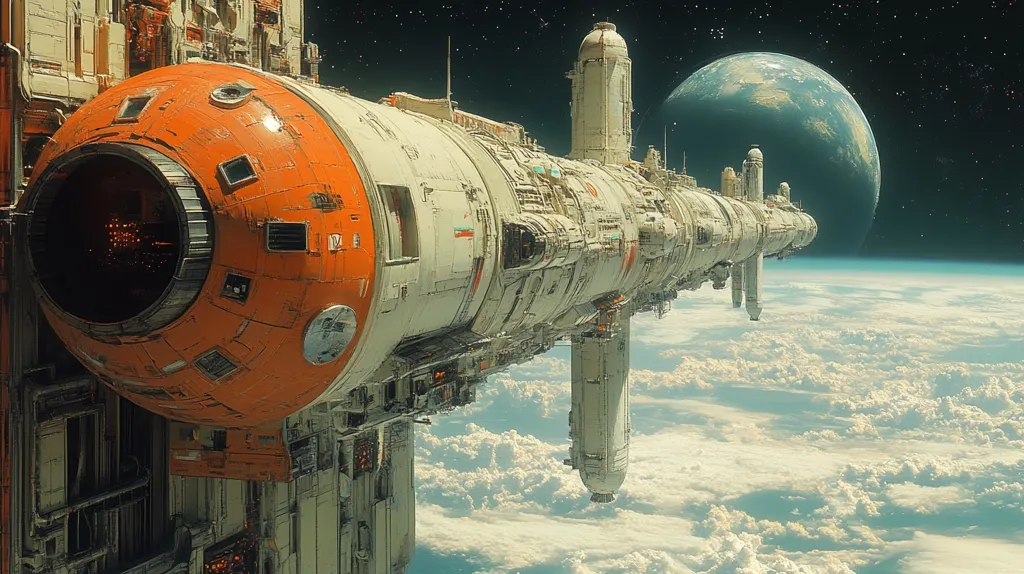 Here's a description of the image:

The image is a digital painting or rendering depicting a colossal, cylindrical spacecraft in orbit above a planet. The vessel is predominantly off-white with sections of burnt orange, exhibiting a blend of futuristic and slightly aged aesthetics.  Its design is complex, showcasing numerous modules and structural details.  The planet below is partially visible, a blue and green orb nestled in a layer of fluffy clouds. The background is a deep space backdrop strewn with stars. The overall style evokes a sense of retrofuturism and space exploration.