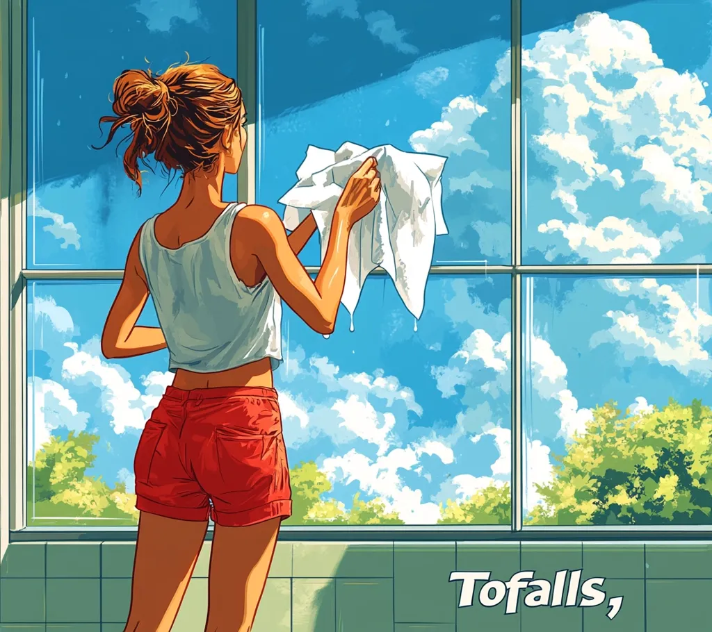Here's a description of the image:

The illustration shows a young woman with her hair in a bun, wearing a white tank top and red shorts, cleaning a large window.  The window offers a vibrant view of a sunny, partly cloudy sky and lush green trees. The woman's back is to the viewer as she wipes the window with a white cloth, water dripping from it. The scene is rendered in a stylized, comic book-like art style with bold colors and outlines. The word " Tofalls," is written in a stylized font at the bottom of the image.