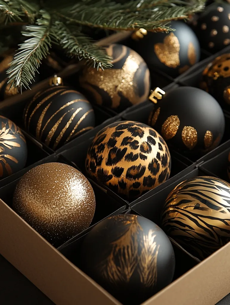 Here's a description of the image:

A box of elegant Christmas ornaments is displayed, showcasing a sophisticated color palette of black and gold.  The ornaments feature various animal prints, including leopard and zebra stripes, alongside solid colors and subtle gold detailing.  A sprig of evergreen subtly peeks into the frame, adding a touch of natural Christmas charm. The box itself is a muted brown, allowing the ornaments to take center stage in the image.  The overall impression is one of luxurious and modern holiday decoration.