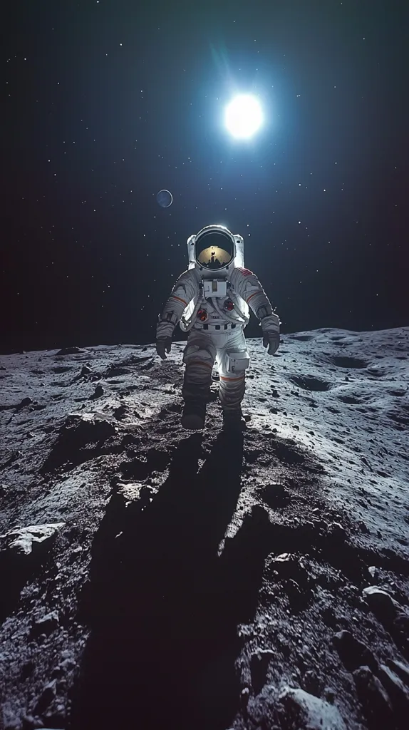 A lone astronaut in a spacesuit walks across the lunar surface, their shadow stretching long across the grey, cratered landscape.  A bright celestial body, possibly a sun or a large star, illuminates the scene from above, casting a stark glow.  The dark, star-studded sky provides a dramatic backdrop.  The overall impression is one of isolation and the vastness of space.