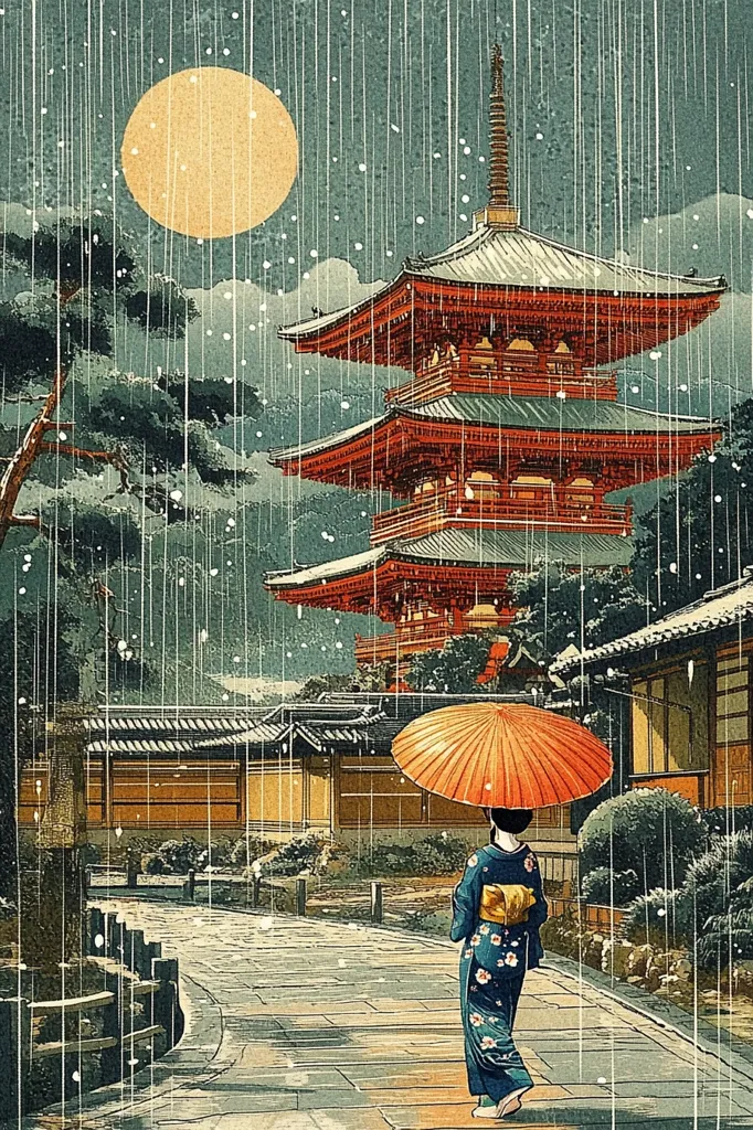 A woman in a kimono, sheltered by an orange umbrella, walks away from the viewer down a rain-soaked path.  A large, full moon illuminates the scene despite the heavy downpour. A majestic, red pagoda dominates the background, its tiered roofs catching the falling rain. Traditional Japanese architecture lines the pathway, creating a serene yet atmospheric ambiance under the moonlit sky. The overall style evokes a classic ukiyo-e print.