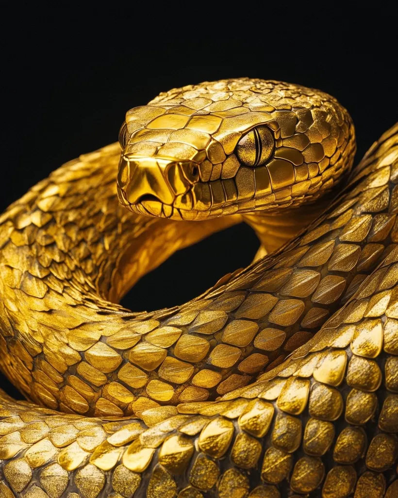 Here's a description of the image:

The image shows a close-up of a snake, seemingly crafted from or coated in gold. Its scales are meticulously detailed, reflecting light to create a shimmering, metallic effect. The snake is coiled, its head raised slightly, giving it a watchful, almost regal appearance.  The background is a stark black, making the golden snake the focal point and emphasizing its texture and rich color. The overall impression is one of opulence and perhaps symbolic power.